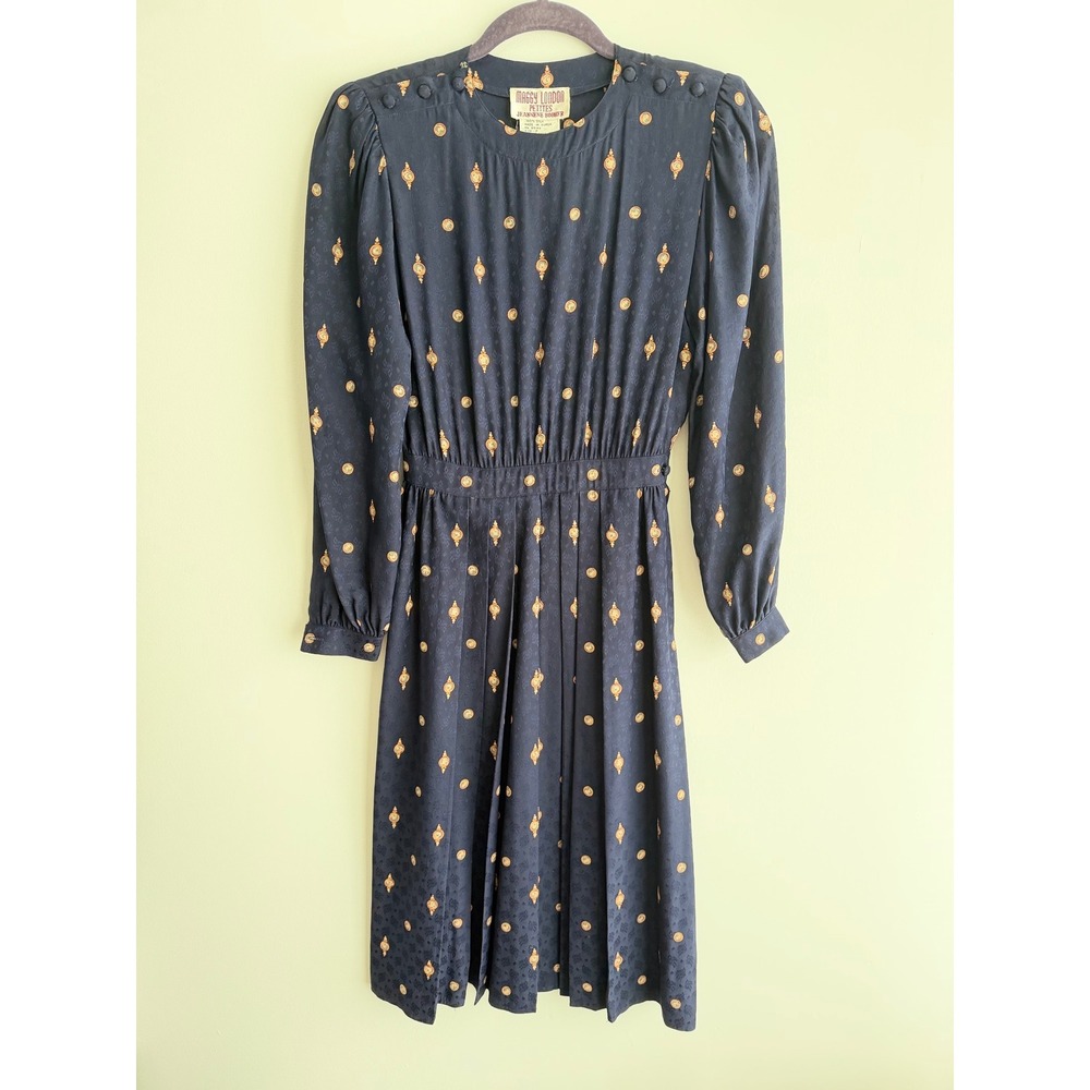 Maggy London Petites Vintage 80s Silk Navy Medallion Print Midi Dress Size 2P